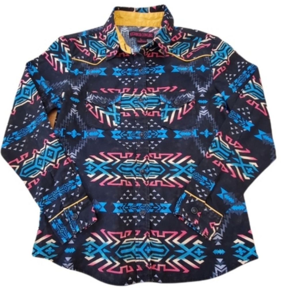 Rock & Roll Cowgirl Blue Western Snap Front Black Red Long Sleeve Shirt Large